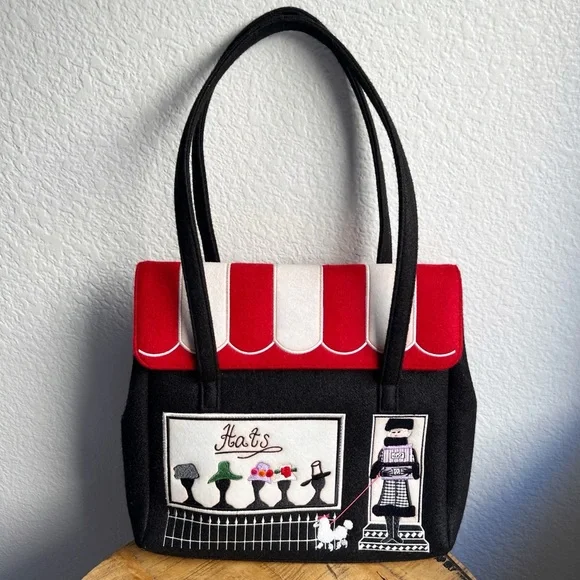 Vintage Felted Wool Embroidered Bag Hat Shop and Poodle Design Black Red White